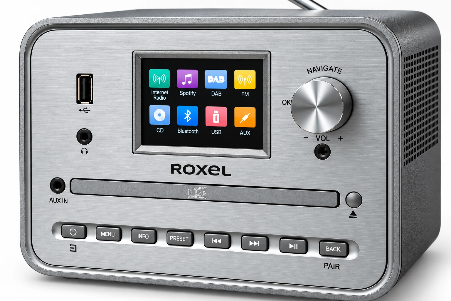Close-up of the Roxel Sync RCD-405 brushed aluminium front panel, colour screen and navigation dial
